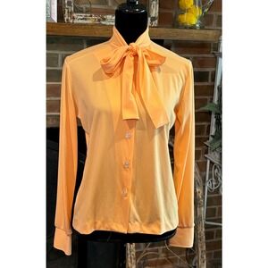 VTG 70s Melon Orange Button Up Long Sleeve‎ Bow Tie Secretary Shirt NWT